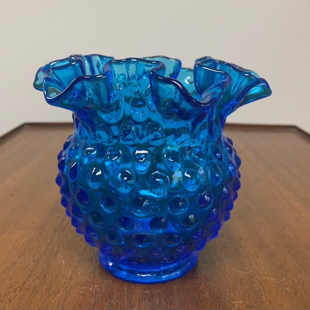 Vintage Fenton Blue Hobnail Glass Ruffled Edge Vase Rose Bowl